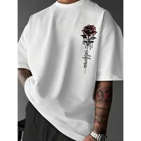 Cotton short sleeve T-shirt comfortable loose fit men's casual rose print T-shirt-crew neck, polyester blend, quick-drying, s...