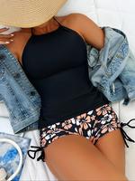 Women's Plain Backless Halter Tie Back Top & Floral Print Bottom Back To School Tankinis Set, Casual Sleeveless Top & Drawstr...