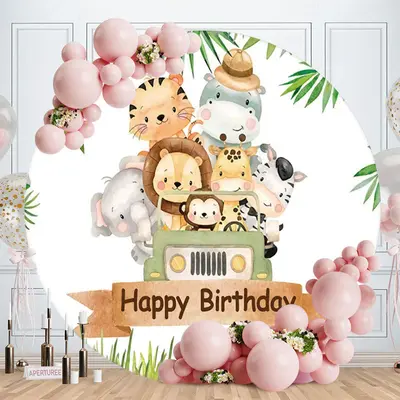 Aperturee Cute Little Animals And Car Round Birthday Backdrop