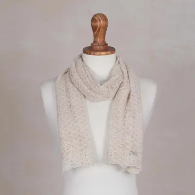 NOVICA Champagne Gossamer Textured 100% Baby Alpaca Wrap Scarf in Champagne from Peru