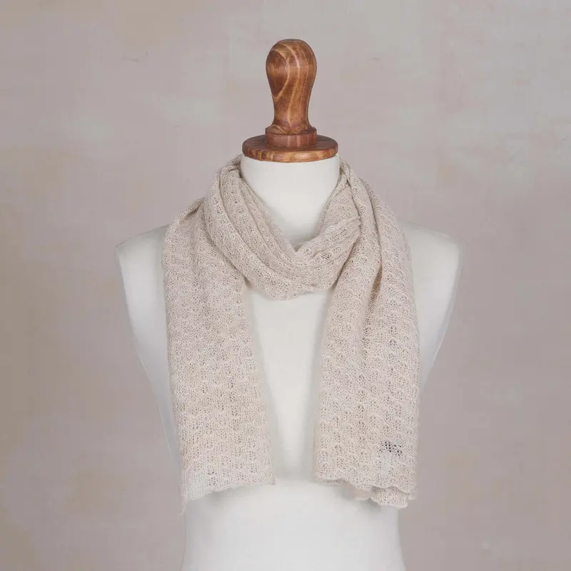 NOVICA Champagne Gossamer Textured 100% Baby Alpaca Wrap Scarf in Champagne from Peru