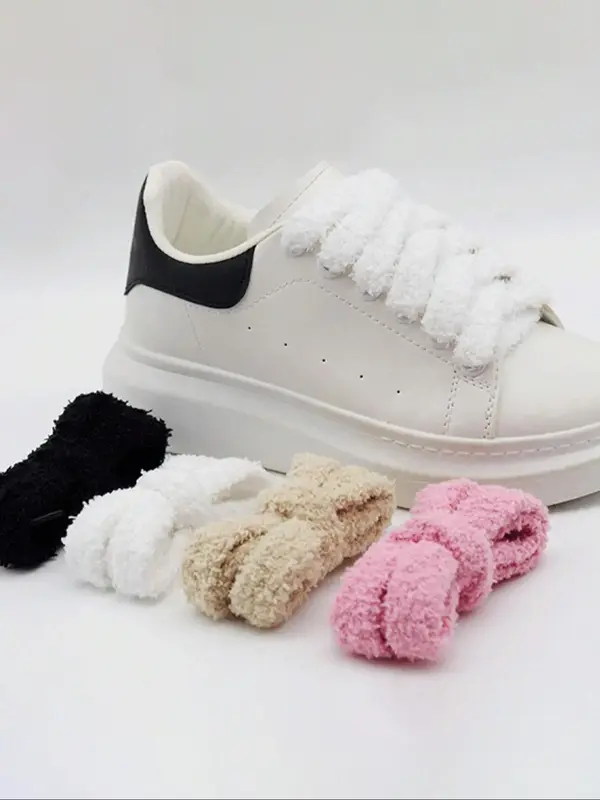 2024 New Style Solid Color Fluffy Cute Shoelaces, 1 Pair Trendy Wide Lace Casual Shoe Accessory Rope, Shoes Accessories for W...