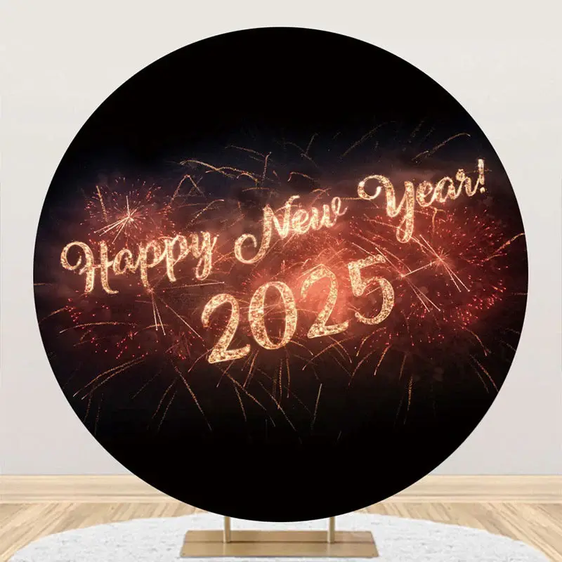 Aperturee Round Black Sparkle 2025 Happy New Year Backdrop - Aperturee