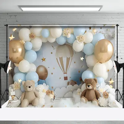 Aperturee Dreamy Blue White Balloon Sky Teddy Bear Backdrop | Photography Cloth Backdrop | Diy Photography Backdrop | Backdro...