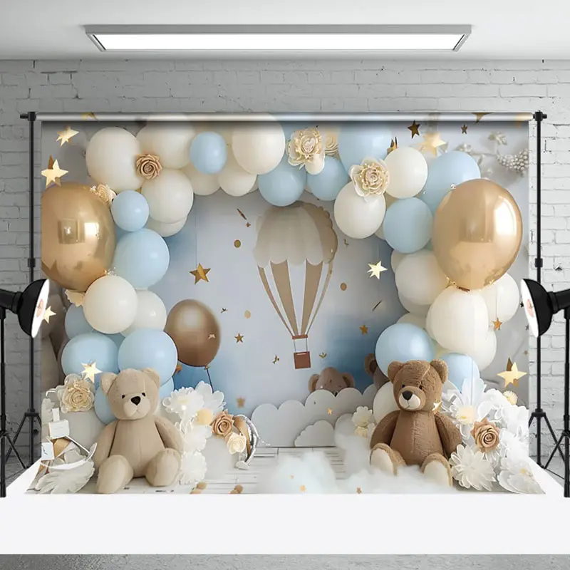 Aperturee Dreamy Blue White Balloon Sky Teddy Bear Backdrop | Photography Cloth Backdrop | Diy Photography Backdrop | Backdro...