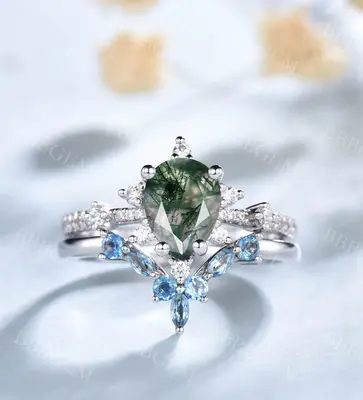 0.8CT Teardrop Moss Agate Engagement Ring Blue Topaz Stacking Band