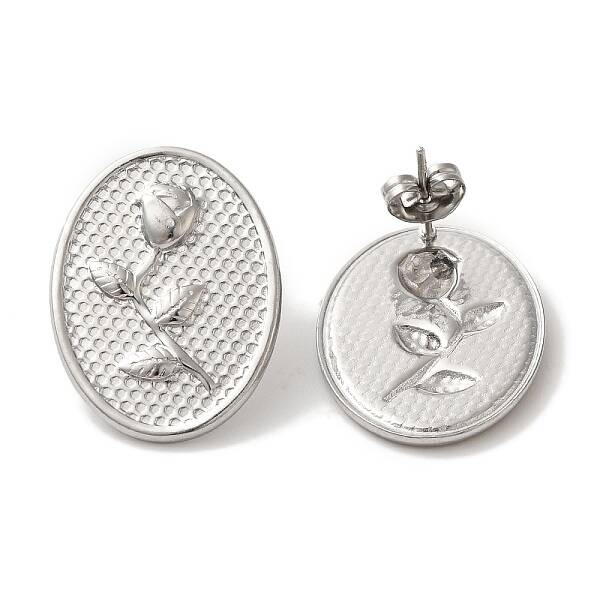 304 Stainless Steel Oval with Flower Stud Earrings
