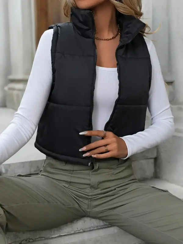 Women's Solid Zip Up Puffer Vest Coat Without Tee, Zipper Puffer Jacket, Minimalist Womenswear for Lady, Casual Thermal Coll...
