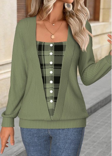 Modlily Sage Green Tummy Coverage Plaid Long Sleeve T Shirt - M
