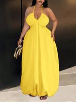 【Plus Size】 Solid Tie Back Halter Neck Dress, Casual Sleeveless Long Dress for Summer, Women's Plus Clothing for Daily We...