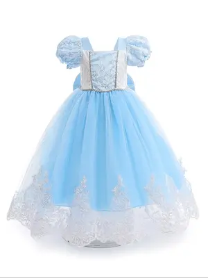 Princess Dress, Girls Square Neck Puff Sleeve Dress with Lace Trim, Kids Clothes for Cosplay Party