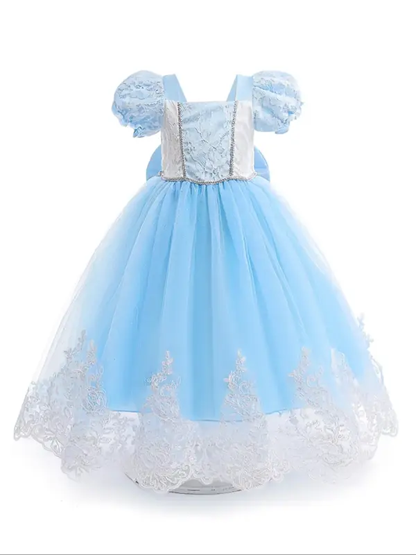 Princess Dress, Girls Square Neck Puff Sleeve Dress with Lace Trim, Kids Clothes for Cosplay Party