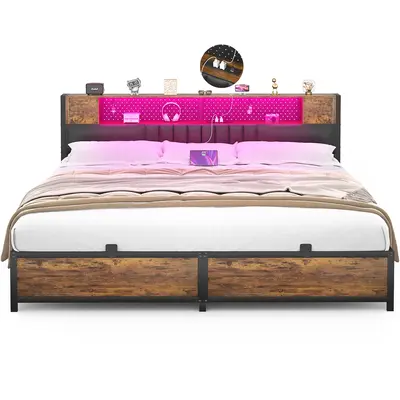 Homieasy King Size Bed Frame with Storage Headboard and Charging Station, Cool Pretty Bed Frame with LED Lights, Modern Smart...