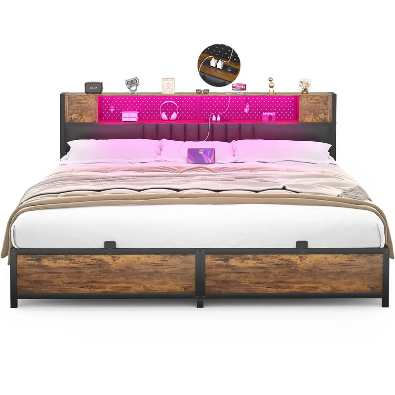 Homieasy King Size Bed Frame with Storage Headboard and Charging Station, Cool Pretty Bed Frame with LED Lights, Modern Smart...