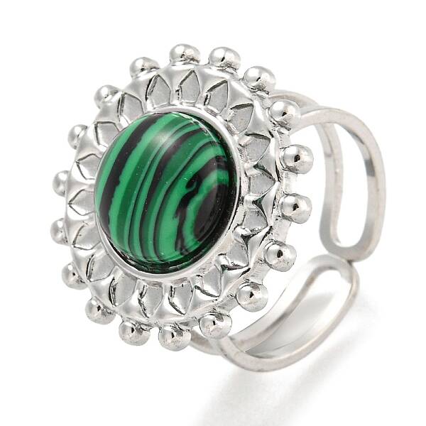 304 Stainless Steel Synthetic Malachite Cuff Rings