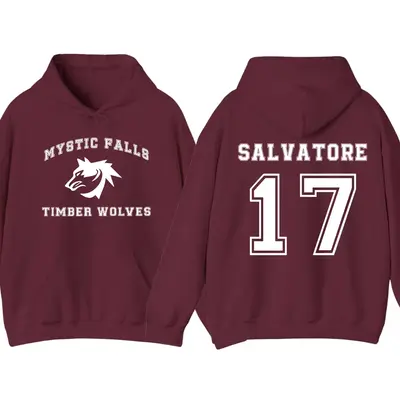 The Vampire Diaries Inspired Hoodie, Mystic Falls Salvatore 17 Front & Back Graphic Pullover, Unisex Casual Streetwear Long S...