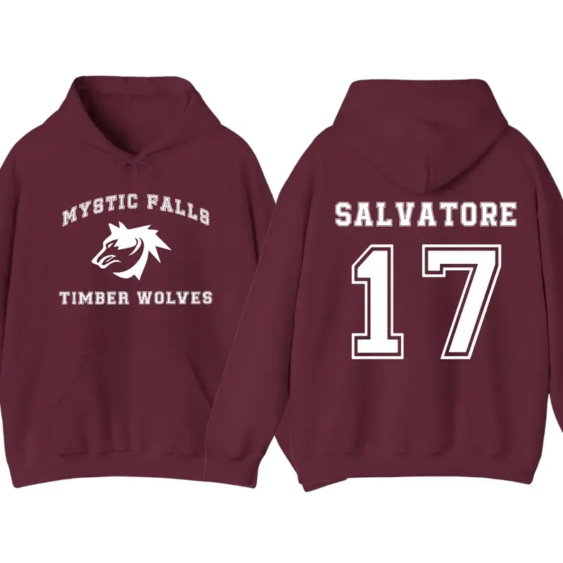 The Vampire Diaries Inspired Hoodie, Mystic Falls Salvatore 17 Front & Back Graphic Pullover, Unisex Casual Streetwear Long S...