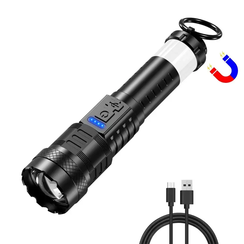 Strong Light Flashlight /USB Rechargeable/Emergency Lighting Hite Flashlight With Red and Blue Alarm Lights And COB Work Ligh...