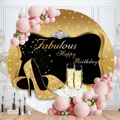 Aperturee Gold Glitter Heels And Black Round Birthday Backdrop