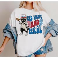 Trendy T - Shirt Featuring a Cool Raccoon: Stylish 'Merica' Look with Catchy 'Red White and Feral' Typography