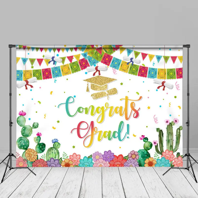 Colorful Flag Floral Mexican Congrats Grad Backdrop - Aperturee