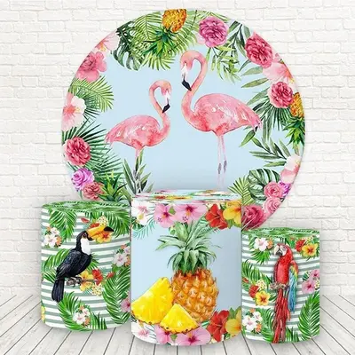 Aperturee Pink Floral And Flamingo Round Birthday Backdrop Kit | Circle Party Backdrop | Round Backdrop Cover Diy | Round Bac...