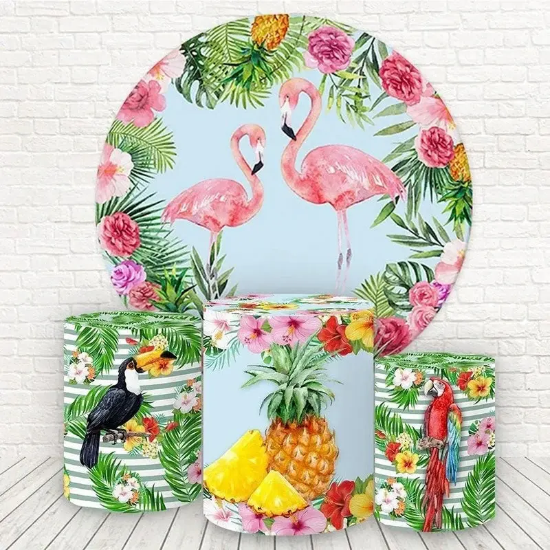 Aperturee Pink Floral And Flamingo Round Birthday Backdrop Kit | Circle Party Backdrop | Round Backdrop Cover Diy | Round Bac...
