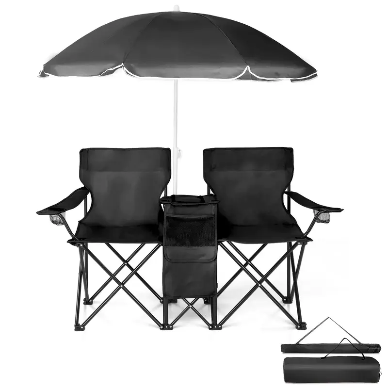 HAOYYE Portable 2-Seat Folding Chair with Removable Sun Umbrella, Black, Sturdy Outdoor Camping Bench with Built-In Cup Holde...