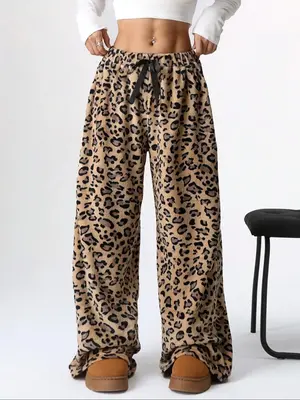 Women's Leopard Print Bow Decor Elastic Waist Wide Leg Pants, Casual Comfy Trousers for Daily Wear, Ladies Bottoms for Fall &...