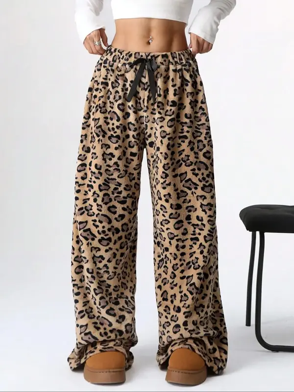 Women's Leopard Print Bow Decor Elastic Waist Wide Leg Pants, Casual Comfy Trousers for Daily Wear, Ladies Bottoms for Fall &...