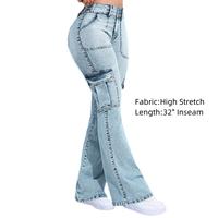 Flamingals Multi Pocket Double Button Mid Rise Flare Cargo Jeans with Stretch Comfort Cotton Blue Denim Womenswear flared  Bo...