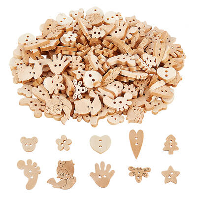 200Pcs 10 Style 2-Hole Wooden Buttons