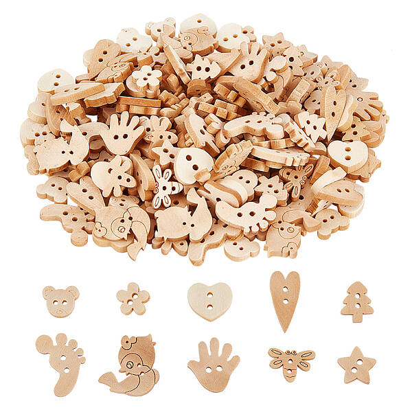 200Pcs 10 Style 2-Hole Wooden Buttons