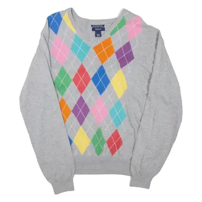 GANT Mens Patterned Jumper Grey Argyle V-Neck Tight Knit L