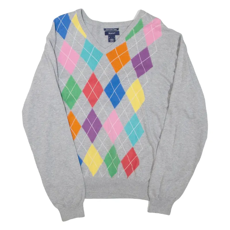 GANT Mens Patterned Jumper Grey Argyle V-Neck Tight Knit L
