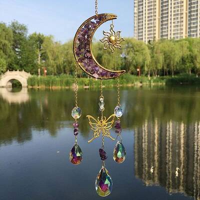 Natural Amethyst Chip & Metal Moon Hanging Suncatchers