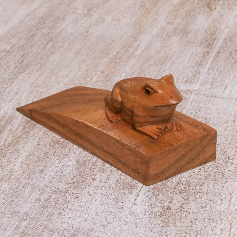 NOVICA Helpful Toad in Brown Handcrafted Suar Wood Frog Doorstop in Brown from Bali