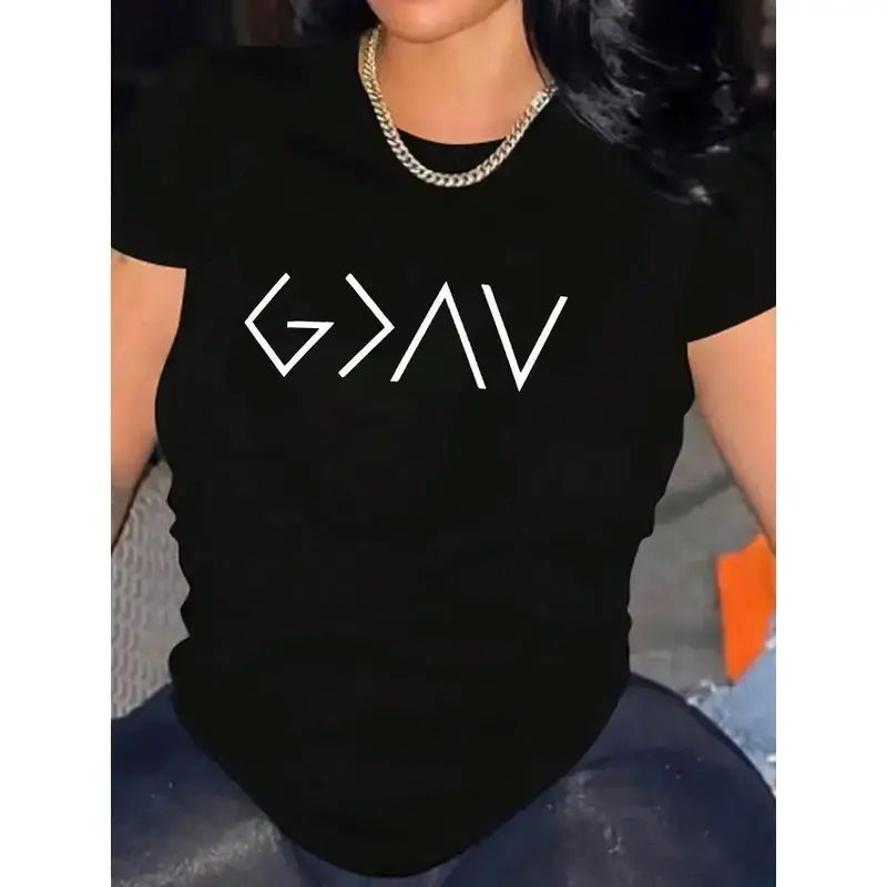 Women's Black Cotton T-Shirt with God Is Greater Than The Highs & Lows White Letter Print - Soft Round Neck Short Sleeve ...