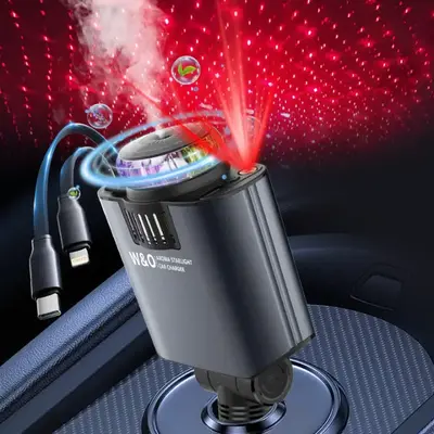 5-in-1 Retractable Car Charger, Scented Car AirFreshener 3 scents,Red starlight roofprojection[Max100W] Fast charging (suppor...