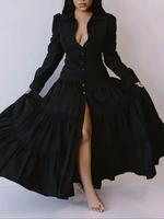 Plain Button Front Ruffle Hem Split Thigh Vintage Shirt Dresses for Women, Elegant Leg-of-mutton Sleeve Long Dress for Fall, ...