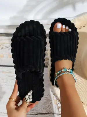 Women's Solid Color Ribbed Slippers, Casual Soft Comfortable Home Slippers, Plush House Slippers for Indoor & Outdoor Use for...