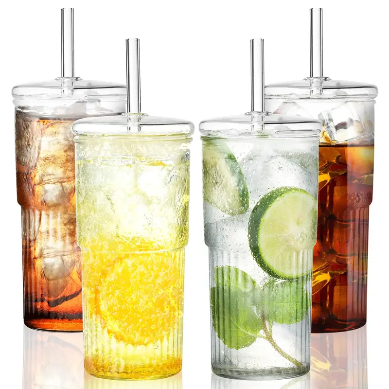 4 Packs 20oz Glass Cups Set With Lids and Glass Straws Drinkware, Coffee Glasses, Bottles, Tumblers and Mug, Birthday Gifts f...