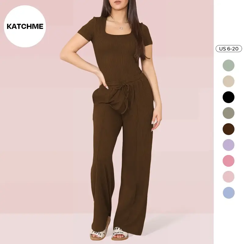 Plain Women's Trendy Square Neck Bodysuit & High Waist Side Pocket Drawstring Trousers Co-ord,Basic Short Sleeve Slim-Fitting...