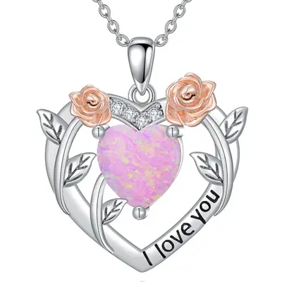 Sterling Silver Two-tone Moissanite & Opal Rose Heart Necklace for Women