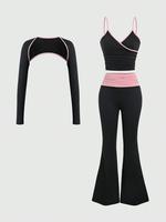 Women's Colorblock Contrast Binding Crop Long Sleeve Top & Cami Top & Flared Leg Pants Set, Sporty Casual Three-piece Outfits...