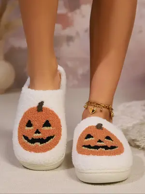 Women's Halloween Themed Cartoon Pumpkin Pattern Slippers, Cute Soft Comfortable Home Slippers, Warm Slippers for Indoor & Ou...