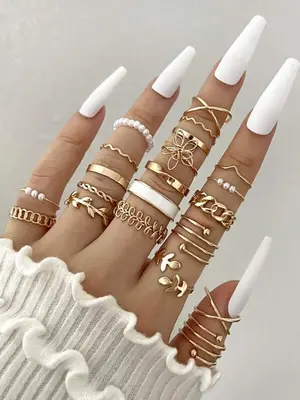 Vintage Leaf & Flower Design Faux Pearl Decorated Rings, Elegant Jewelry for Women, Daily Clothing Decor For Girl Women