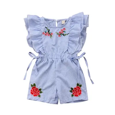 Girl’s Fresh Ruffles Sleeve Jumpsuit Fashion Stripe Embroidery Waist Bandage Button Short Pants