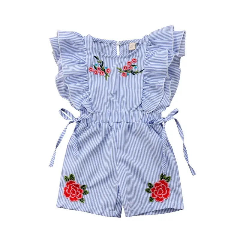 Girl’s Fresh Ruffles Sleeve Jumpsuit Fashion Stripe Embroidery Waist Bandage Button Short Pants