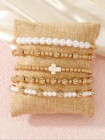 Faux Pearl Decorated Bracelets Stack Set, Elegant Cross Design Beads Bracelet for Women & Girls, Fashion Jewelry for Party, ...